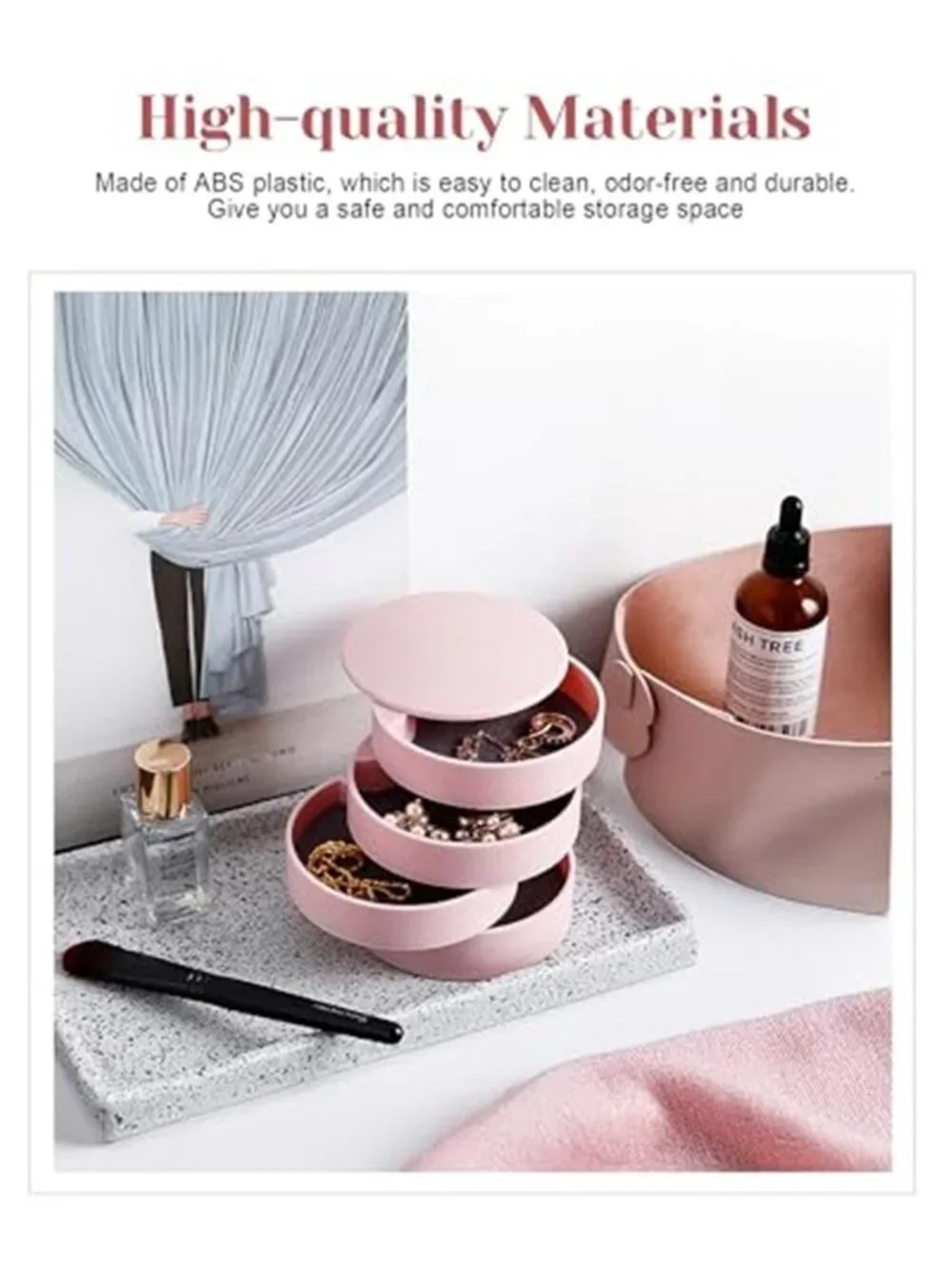 Pink Rotating Jewelry Organizer Box 4 Layer Travel Case Rings Earrings Gift